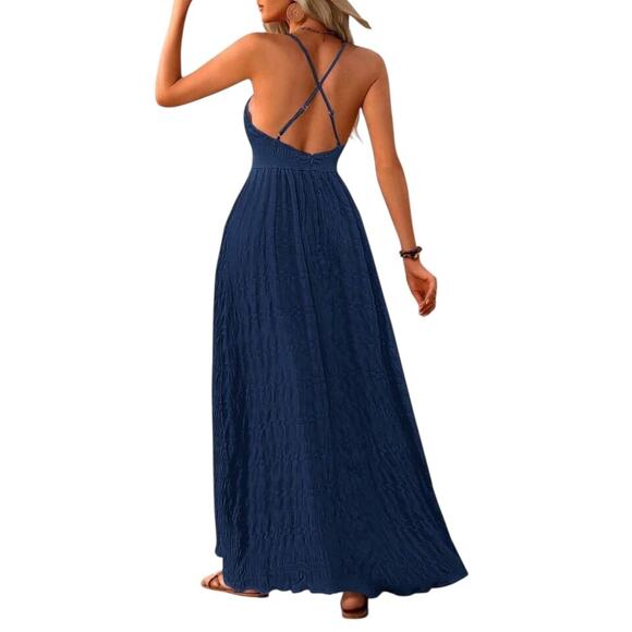Spaghetti Strap Maxi Dress Womens Medium Blue Deep V Criss Cross Back Summer - Picture 3 of 9